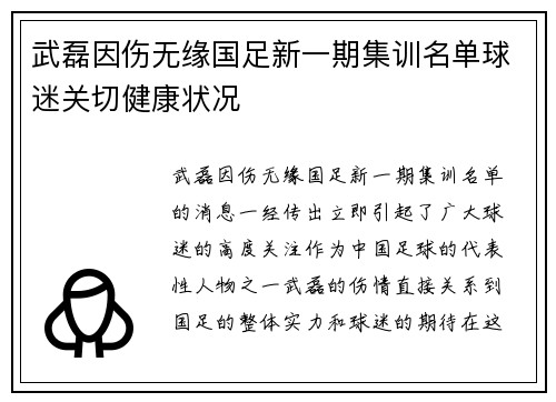 武磊因伤无缘国足新一期集训名单球迷关切健康状况